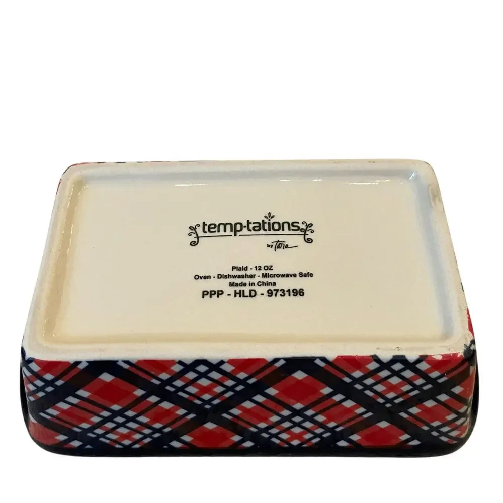 Temptations by Tara Mini Ceramic Loaf Pan w/ Lid 12oz Holiday Plaid Bakeware NEW